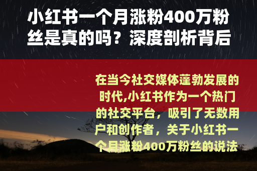 小红书一个月涨粉400万粉丝是真的吗？深度剖析背后真相