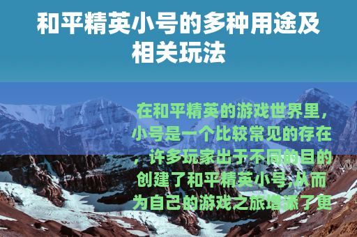 和平精英小号的多种用途及相关玩法