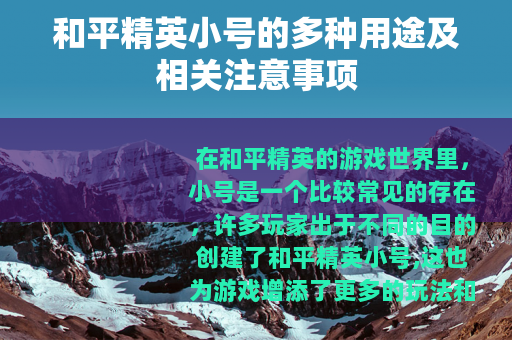 和平精英小号的多种用途及相关注意事项