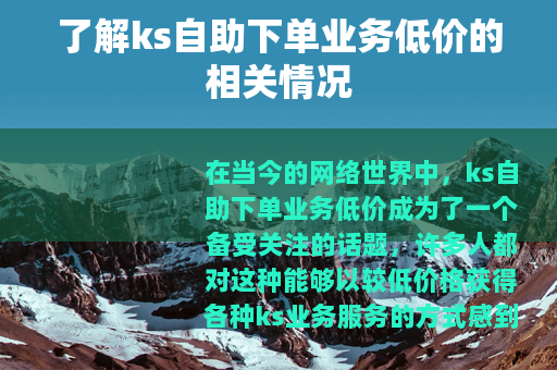 了解ks自助下单业务低价的相关情况
