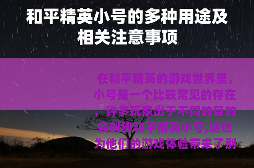 和平精英小号的多种用途及相关注意事项