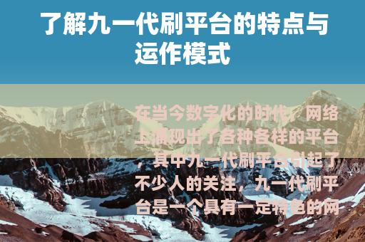 了解九一代刷平台的特点与运作模式