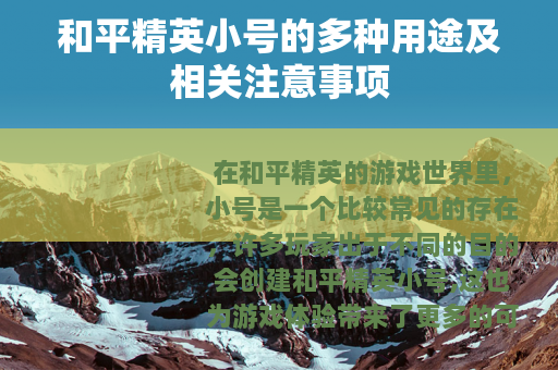 和平精英小号的多种用途及相关注意事项