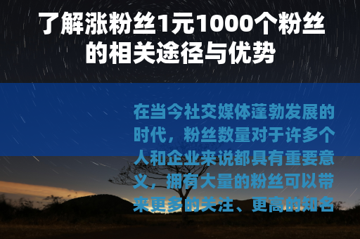 了解涨粉丝1元1000个粉丝的相关途径与优势