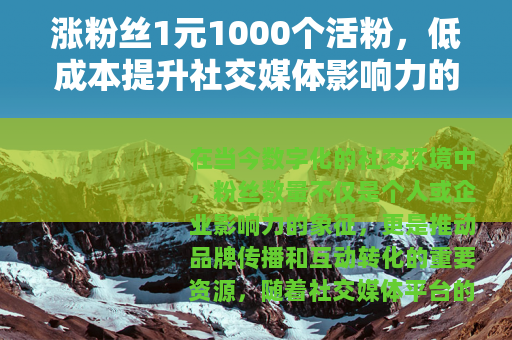 涨粉丝1元1000个活粉，低成本提升社交媒体影响力的有效策略