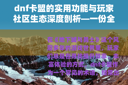 dnf卡盟的实用功能与玩家社区生态深度剖析—一份全面体验报告