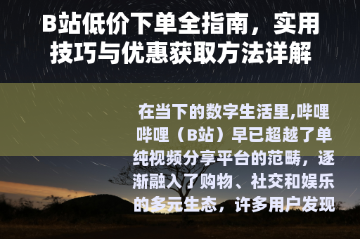 B站低价下单全指南，实用技巧与优惠获取方法详解