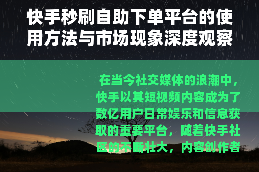 快手秒刷自助下单平台的使用方法与市场现象深度观察