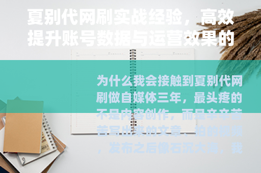 夏别代网刷实战经验，高效提升账号数据与运营效果的完整指南