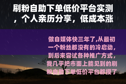 刷粉自助下单低价平台实测，个人亲历分享，低成本涨粉的真实体验