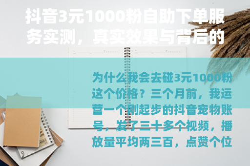 抖音3元1000粉自助下单服务实测，真实效果与背后的逻辑