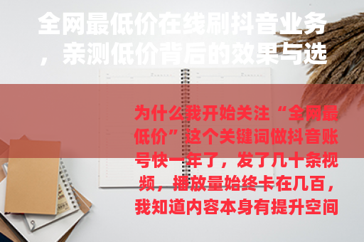 全网最低价在线刷抖音业务，亲测低价背后的效果与选择技巧