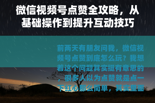 微信视频号点赞全攻略，从基础操作到提升互动技巧