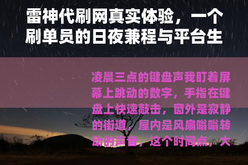 雷神代刷网真实体验，一个刷单员的日夜兼程与平台生存法则