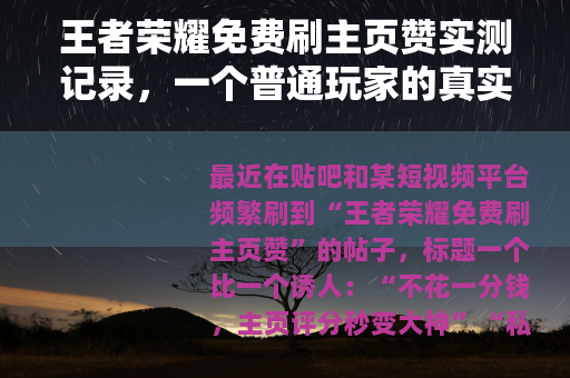 王者荣耀免费刷主页赞实测记录，一个普通玩家的真实经历与反思