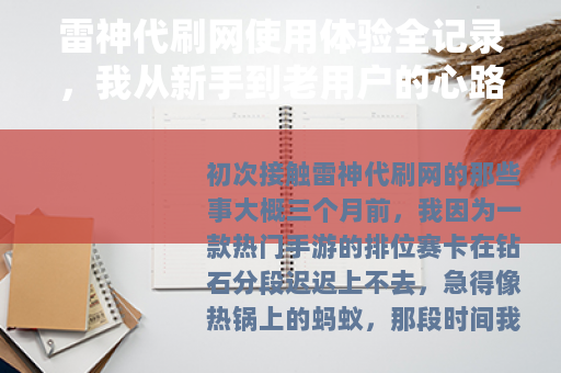 雷神代刷网使用体验全记录，我从新手到老用户的心路历程与实用指南