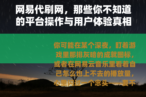 网易代刷网，那些你不知道的平台操作与用户体验真相