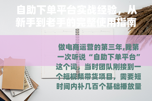 自助下单平台实战经验，从新手到老手的完整使用指南