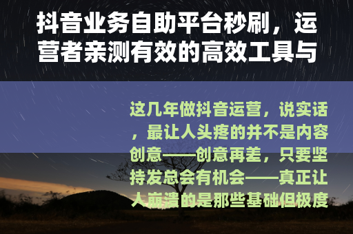 抖音业务自助平台秒刷，运营者亲测有效的高效工具与实战经验分享