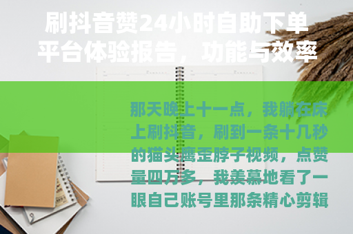 刷抖音赞24小时自助下单平台体验报告，功能与效率