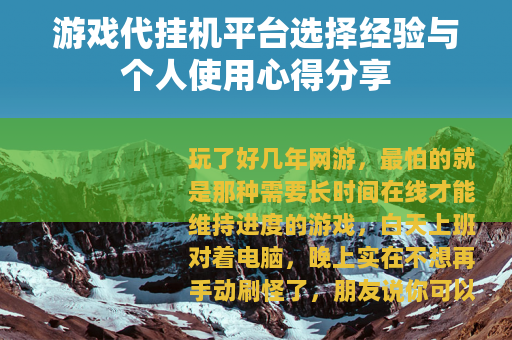 游戏代挂机平台选择经验与个人使用心得分享