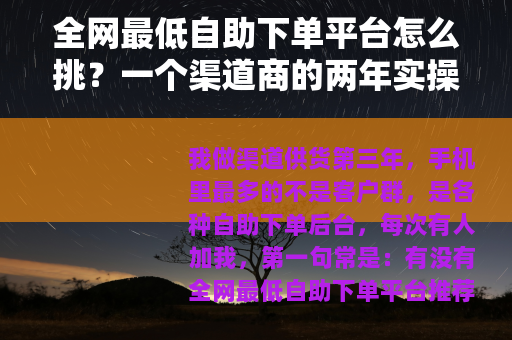 全网最低自助下单平台怎么挑？一个渠道商的两年实操笔记