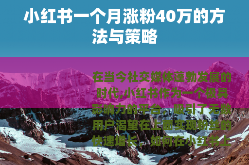 小红书一个月涨粉40万的方法与策略