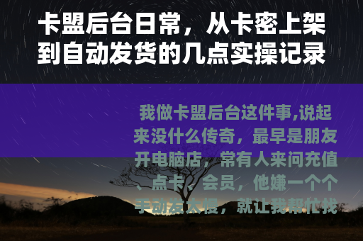 卡盟后台日常，从卡密上架到自动发货的几点实操记录
