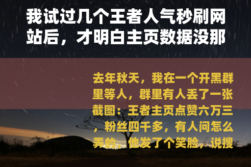 我试过几个王者人气秒刷网站后，才明白主页数据没那么重要